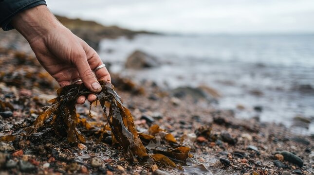 Hand holding wet seaweed on rocky beach for sustainable foraging and coastal nature exploration concept