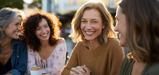Obraz premium Women enjoying coffee and conversation together at an inviting outdoor café with a lively city backdrop.