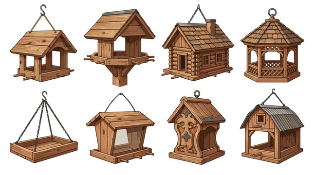 Rustic wooden birdhouse collection, set of 8 decorative timber bird feeders, miniature garden cabins and hanging nesting boxes for wildlife