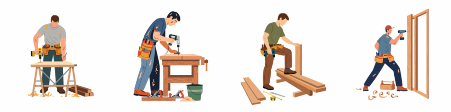 A collection of flat vector illustrations featuring carpenters working with wood, using various tools for construction and home improvement projects on white background.