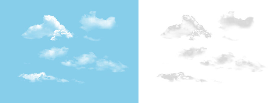 Fluffy white cumulus clouds floating in the bright atmosphere, captured with high detail for a crisp look, displayed on a transparent background