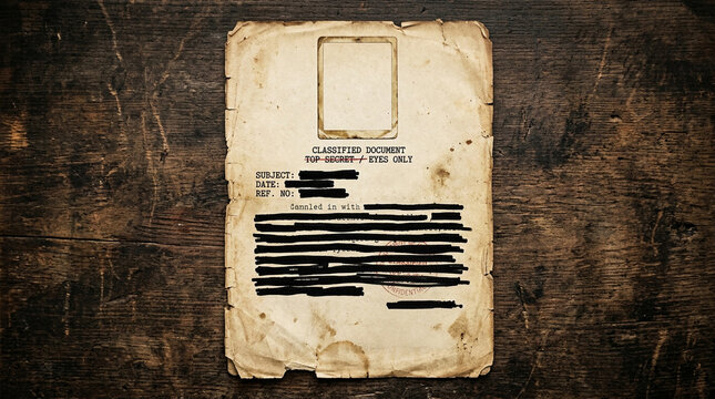 Old redacted document on wood. Vintage paper with censored text and black ink lines.