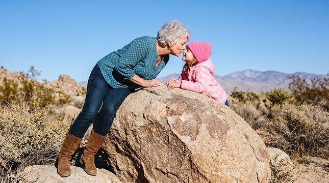 Grandmother kissing granddaughter's forehead on desert boulder