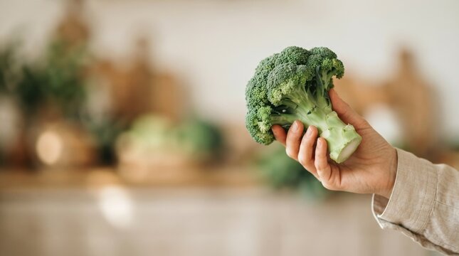 Hand holding fresh broccoli floret in kitchen, healthy eating concept, organic vegetable preparation for cooking