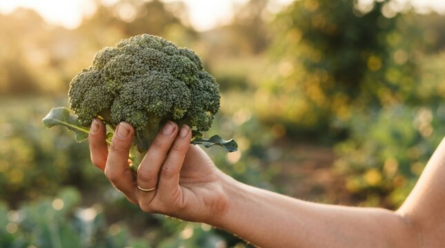 Hand holding fresh organic broccoli in a sunny vegetable garden for healthy eating and sustainable farming concepts