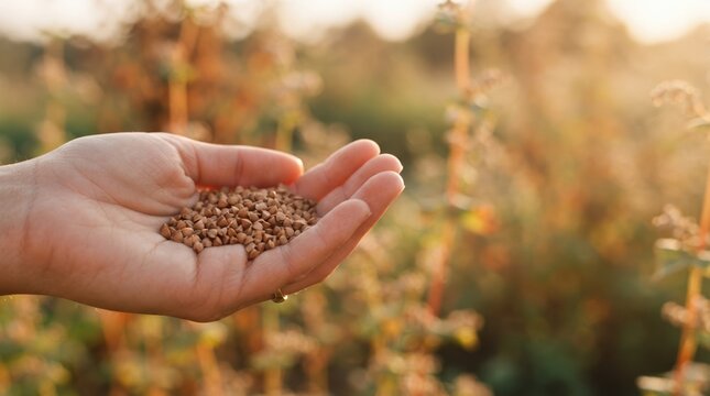Hand holding raw buckwheat grains in a field at sunset for organic farming and healthy food production concept
