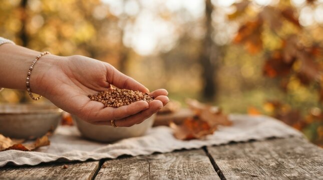 Hand holding raw buckwheat groats outdoors on rustic wooden table for healthy organic food and autumn harvest concept