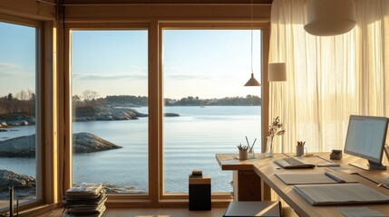 Fototapeta premium Serene home office with stunning sea view, sunlight streaming through large windows.