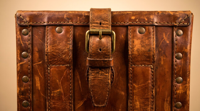 Close up of vintage brown leather suitcase with brass buckle strap and metal rivets
