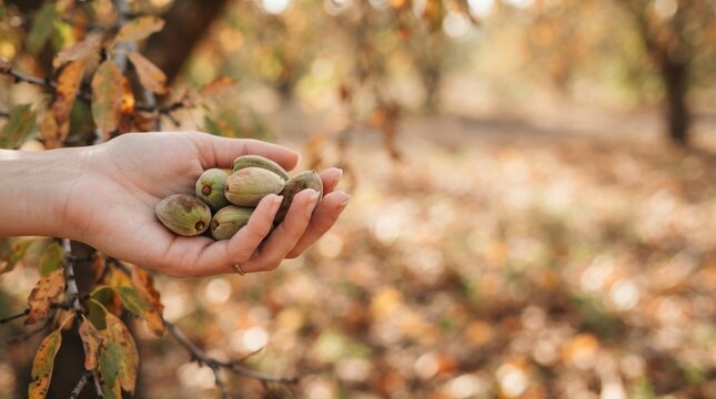 Hand holding fresh raw almonds in shell at harvest time in an organic orchard for healthy food and agriculture concepts