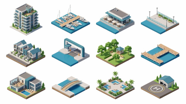 Modern Isometric House and Villa Designs with Pools and Gardens.