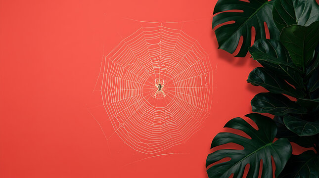 Spiderweb with monstera leaves on red background