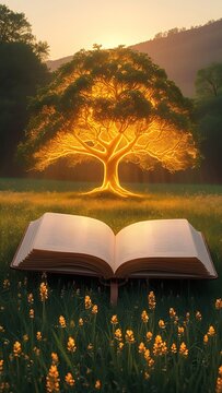 Magical open book golden meadow sunset literature images