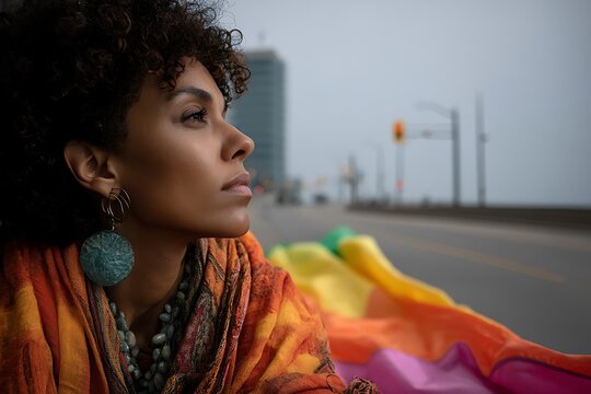 Thoughtful woman with rainbow flag with looking towards blurred city bridge  overcast sky.