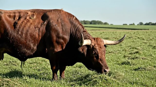 A mature muscular Charolais bull with large horns grazes peacefully on the green rolling pastures of a countryside farm during early morning light while roaming through the vast rural open
