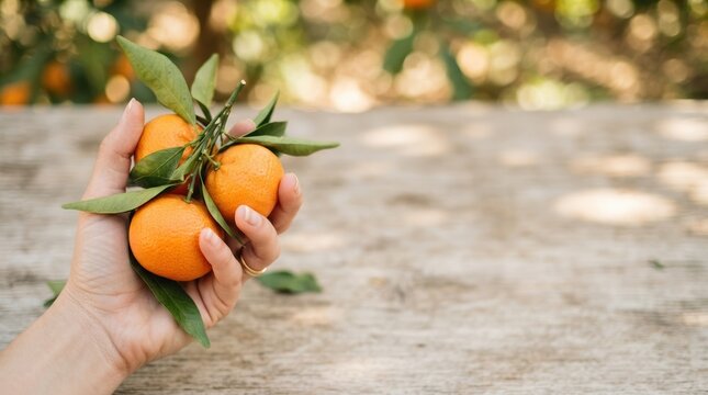 Hand holding fresh organic mandarins with green leaves on rustic wooden table for healthy food and harvest concept