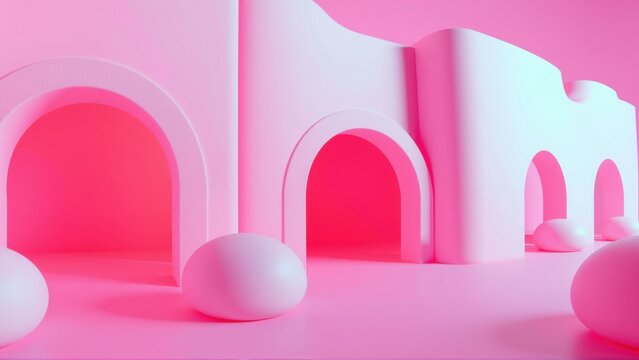 Abstract pink scene. Arches, spheres create surreal minimalist composition. Soft lighting, smooth textures dominate design.