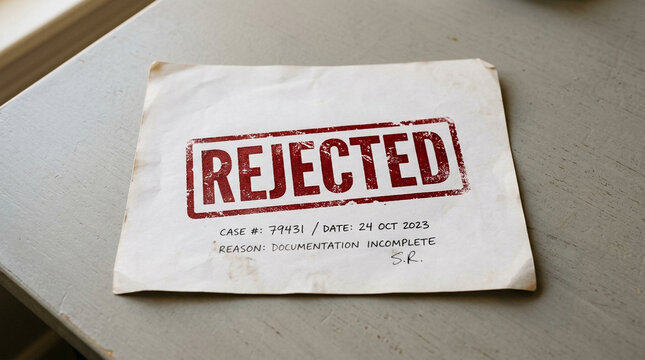 Rejected stamp on white paper. Official document denied with red ink mark.
