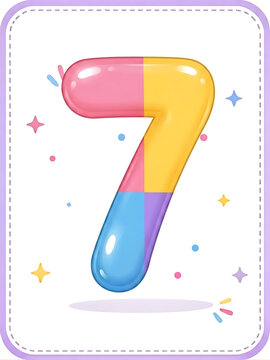 Colorful 3D glossy balloon number seven with pink yellow blue and purple sections for birthday celebrations or anniversaries in a cute style