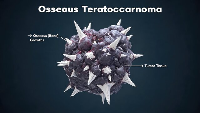 Dark grey clinical background 3D medical illustration of spiky osseous teratocarcinoma tumor with sharp bony growth protrusions, annotated malignant tumor tissue and osseous bone formations germ cell 