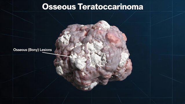 3D labeled medical render of osseous teratocarcinoma tumor mass with embedded white bony osseous lesions, dark blue wire grid clinical background germ cell oncology pathology illustration