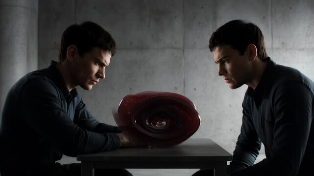 Two Identical Men Facing Each Other Across A Table With A Mysterious Glowing Red Object.