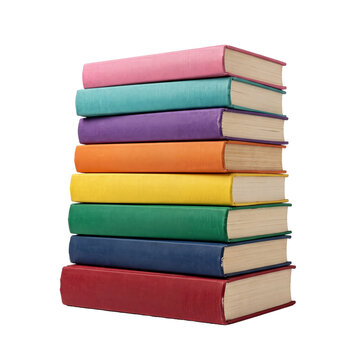 Colorful stack of books with vibrant textile covers, vertical pile of hardcover literature, rainbow colored book spines isolated on white background