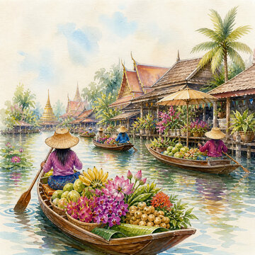 Colorful watercolor illustration of a traditional Thai floating market with wooden boats carrying tropical fruits, flowers and local vendors.