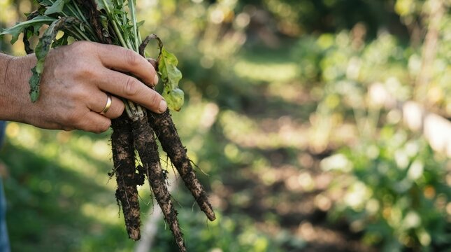 Hand holding freshly harvested dandelion roots with soil in a garden for herbal medicine and organic food preparation