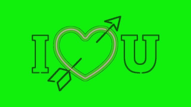 Neon love heart with broken chain symbolizing freedom. Glowing I love you sign with arrow piercing through for relationship concepts.