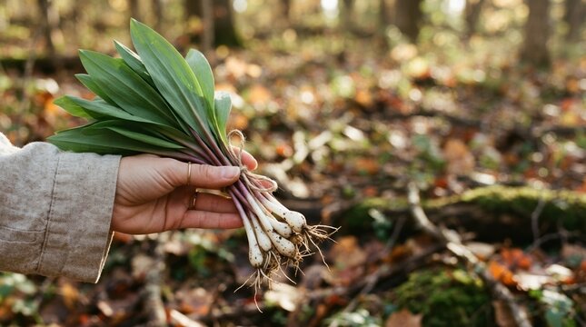 Hand holding freshly foraged wild ramps in forest, sustainable spring harvesting of edible wild leeks for gourmet cooking