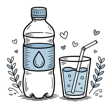 水筒とストロー付きグラスの手描きイラスト
