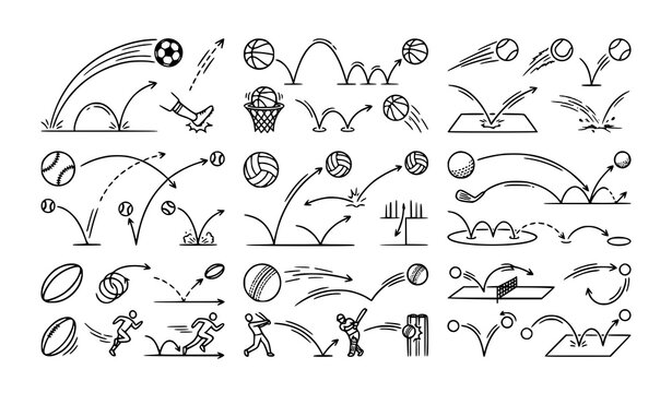 Hand drawn sport ball trajectory and bounce line icon bundle vector illustration