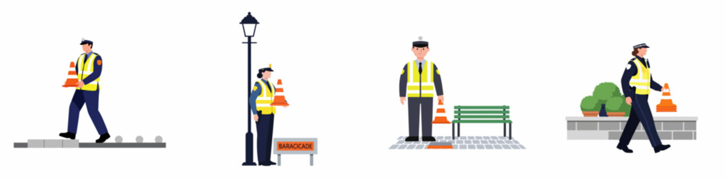 Set of illustrations showing police officers and traffic wardens in high-visibility vests placing traffic cones in various urban settings.