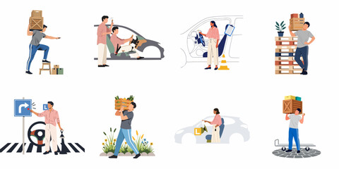 Fototapeta premium Flat vector illustration set of driving school instructors teaching students and warehouse workers carrying heavy crates and boxes in various work scenarios.