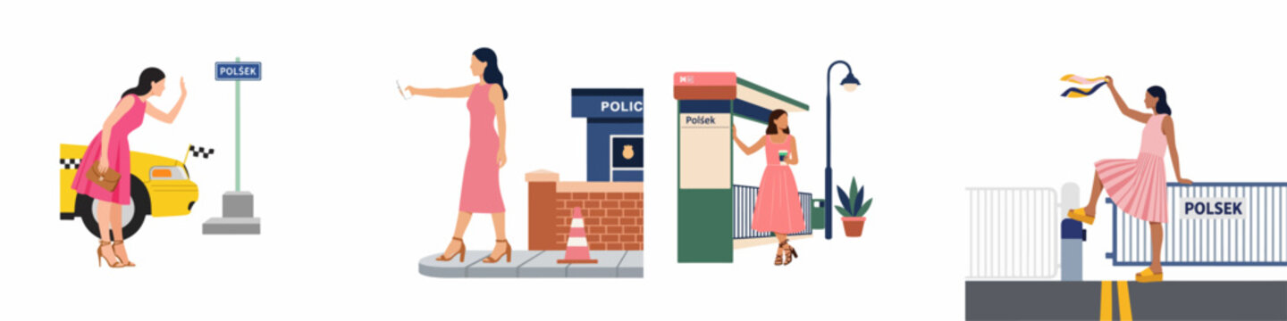 A set of four urban scenes featuring a woman in a pink dress at a taxi stand, police station, bus stop, and gate.