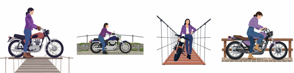 Fototapeta premium Collection of flat design illustrations showing a stylish woman posing with and riding different vintage motorcycles in scenic outdoor settings.