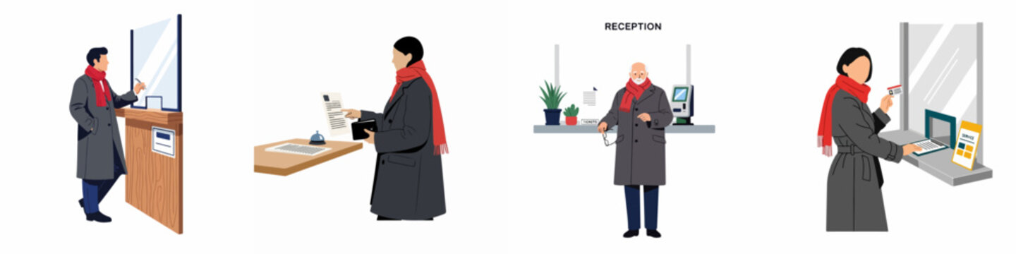 Set of vector illustrations showing diverse people at service counters, reception desks, and ticket windows wearing winter coats and red scarves.