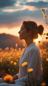 Woman meditating sunset field peaceful yoga mindfulness practice hd images