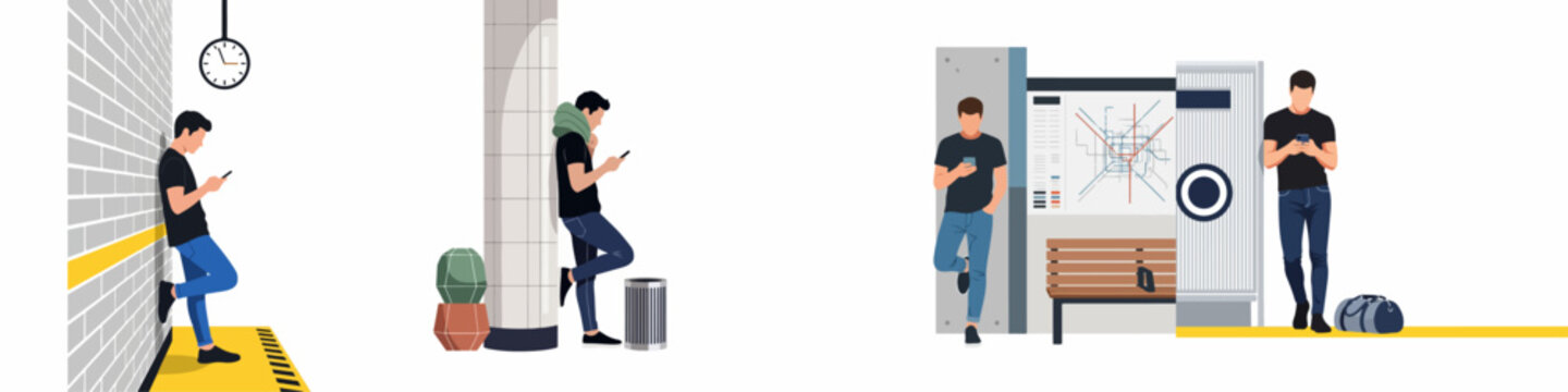 Flat illustration set of a young man using his smartphone while waiting at a subway station platform in various poses and settings.