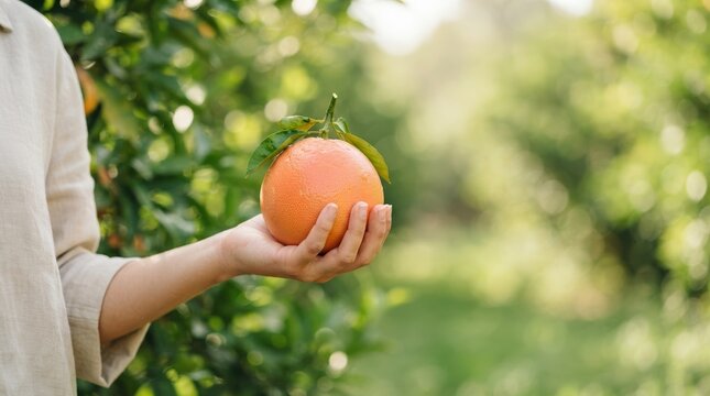 Woman Holding Fresh Grapefruit in Citrus Orchard for Healthy Organic Food and Sustainable Farming Concept