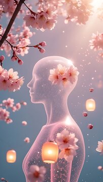 Abstract human silhouette cherry blossoms ethereal floral portrait hd images