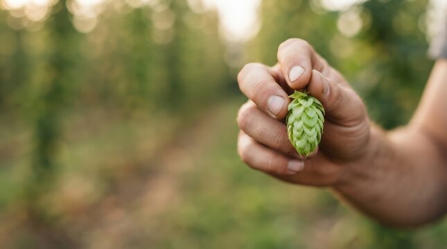 Farmer hand holding fresh green hop cone in organic hop field for craft beer brewing and agriculture industry concept