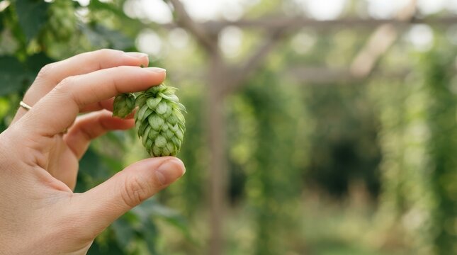 Hand holding fresh green hop cone in organic farm field for craft beer brewing and agriculture industry concept