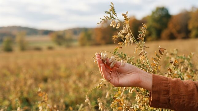 Hand holding dried lentil plant in autumn field for sustainable organic farming and harvest concept