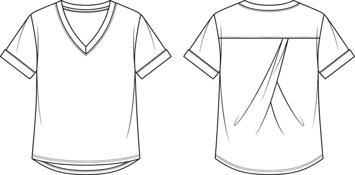 Fashion flat sketch of a women&rsquo;s V-neck t-shirt with cuffed sleeves and back pleat detail