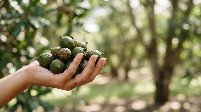 Hand holding fresh raw macadamia nuts in green husks at an organic orchard farm for sustainable agriculture and healthy food harvest concept
