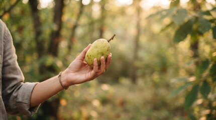 Fototapeta premium Hand Holding Fresh Wild Pawpaw Fruit in Forest Setting Representing Sustainable Foraging and Organic Harvest