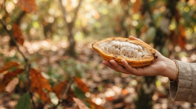 Hand Holding Freshly Cut Cacao Pod with White Beans in Tropical Forest for Sustainable Organic Chocolate Production