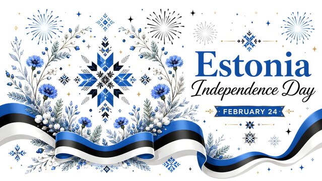 Estonia Independence Day celebration banner with traditional Baltic folk embroidery star pattern blue cornflower wreath decoration and waving Estonian tricolor ribbon flag vector illustration isolated